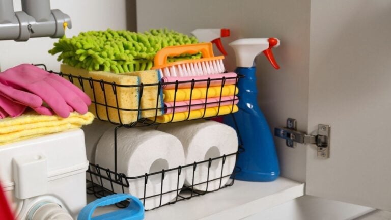 Open under sink cabinet with different cleaning supplies in kitchen
