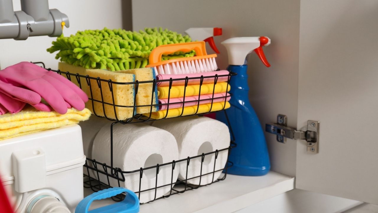 Open under sink cabinet with different cleaning supplies in kitchen