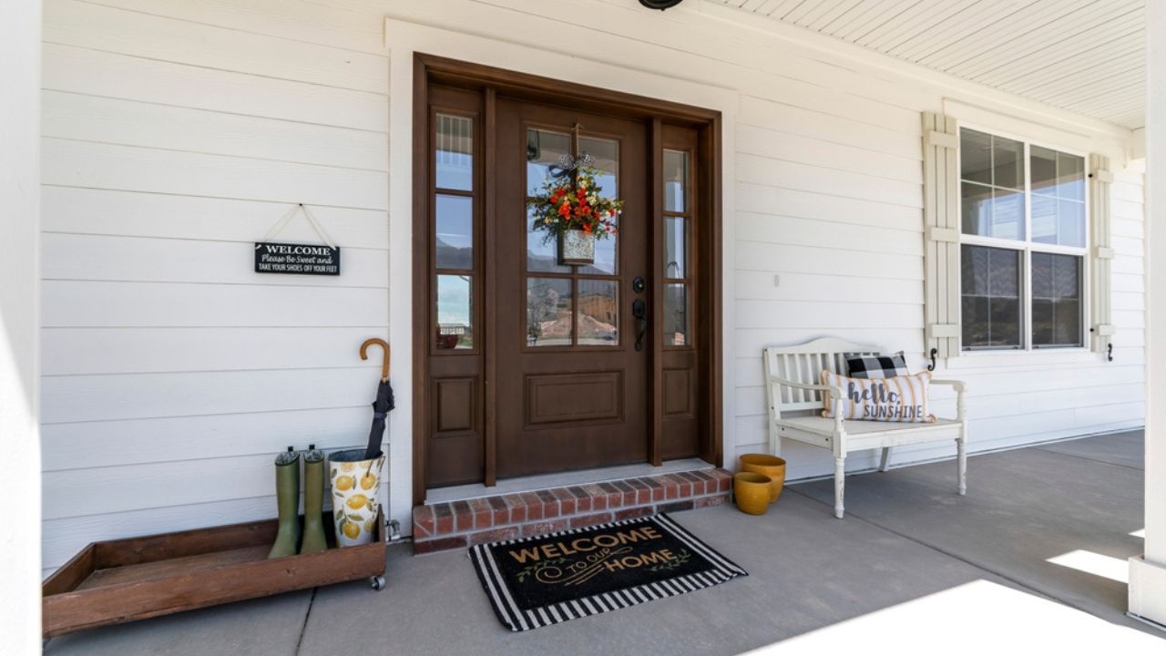 Porch of a house with bench and wooden rack with boots and umbrella