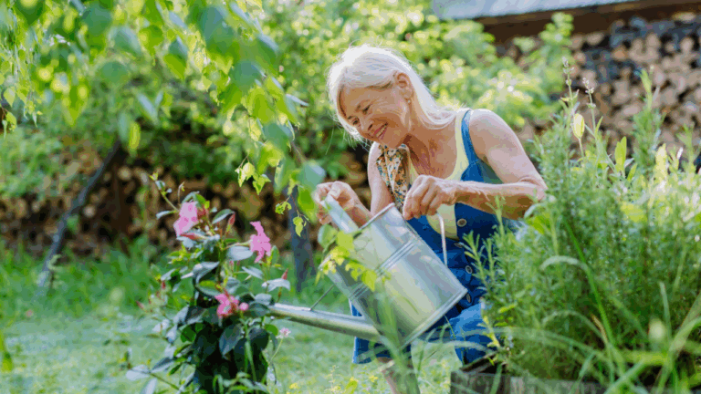 happy old woman in the garden watering