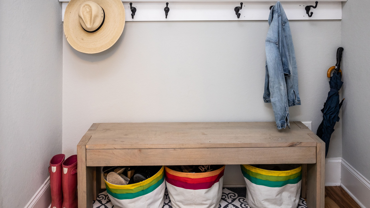 mud room colorful storage hats boots
