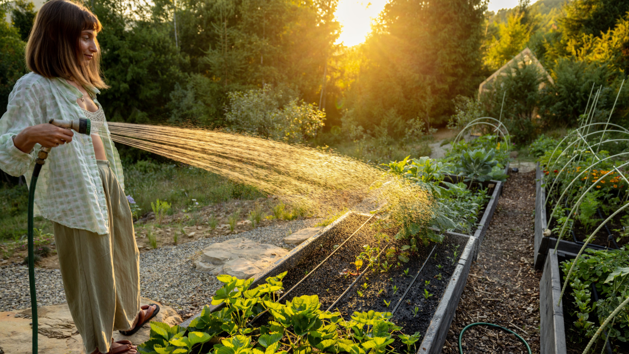 woman watering her garden in the morning light raised garden box