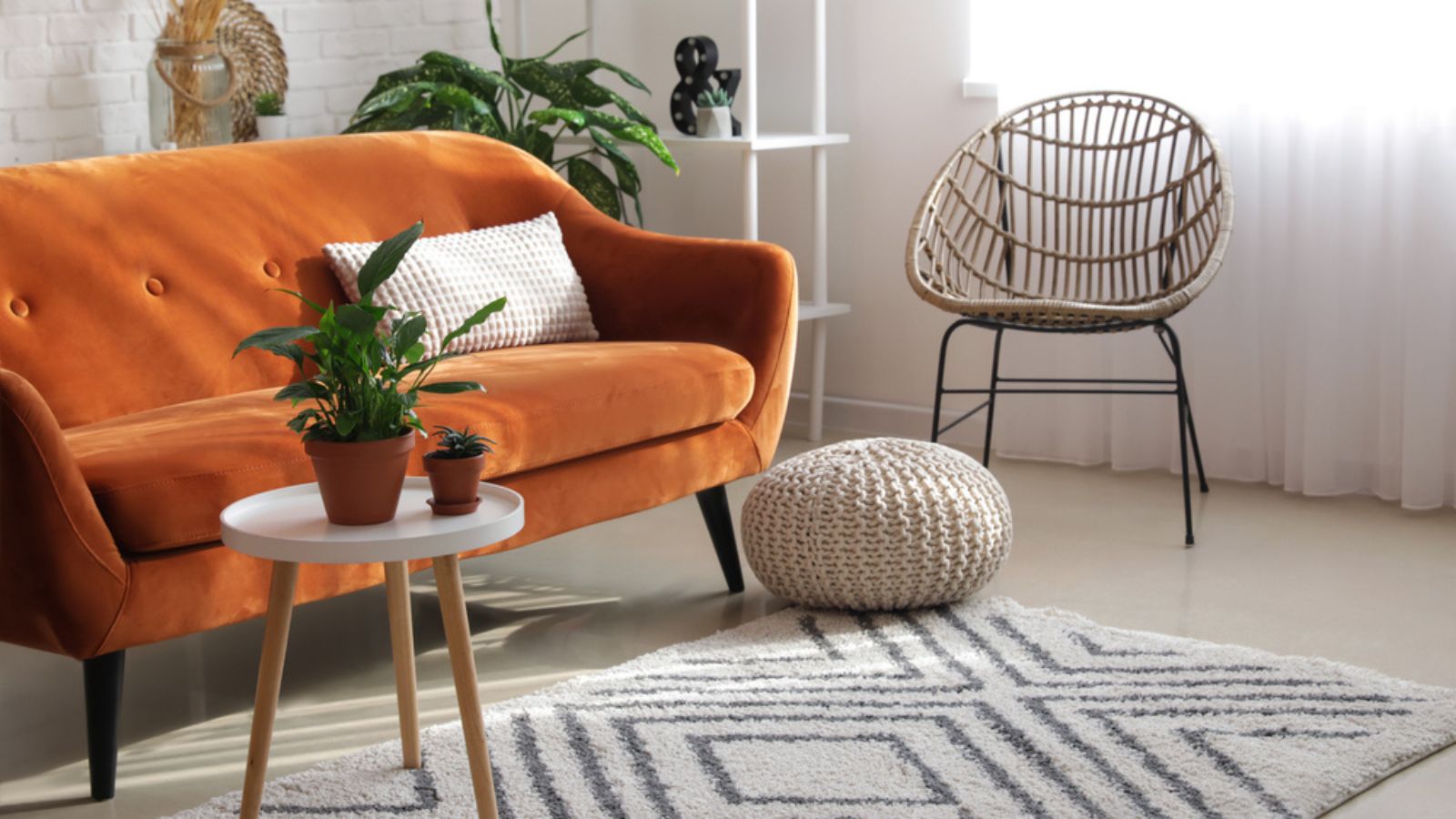 Stylish orange sofa with houseplants in modern interior of living room with round carpet