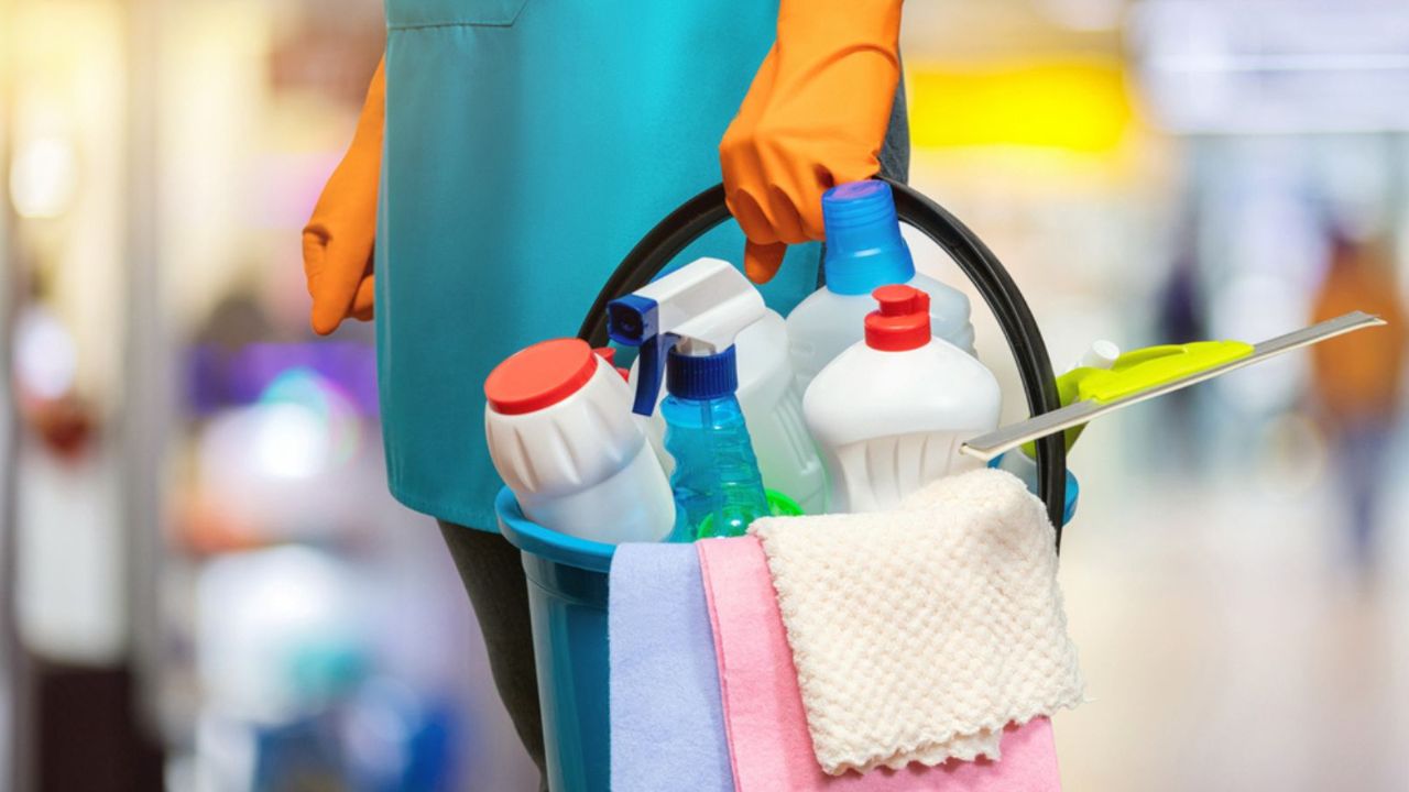 The Cleaning Lady with a Bucket of Cleaning Products and Tools to Clean up on Blurred Background. - 1