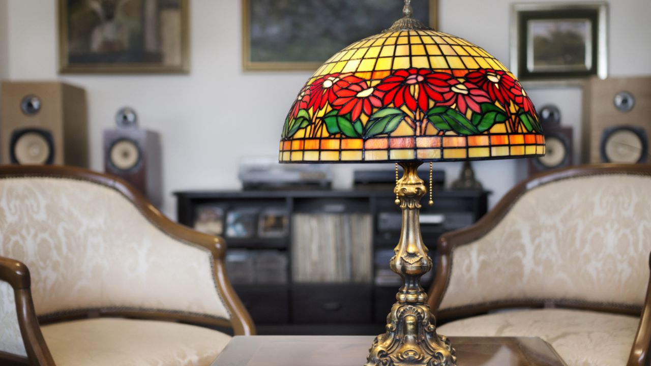 Tiffany lamp on wooden table