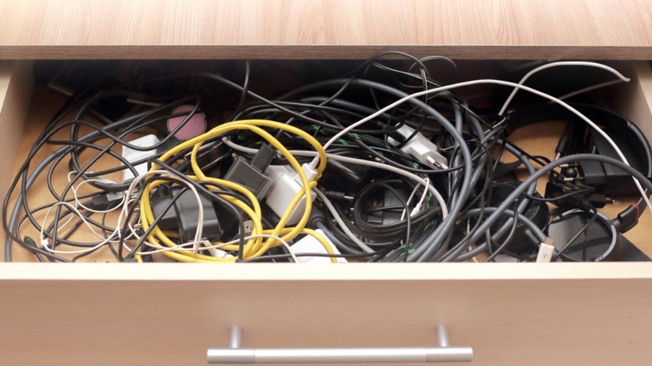USB chargers and wires tangled and in chaos.