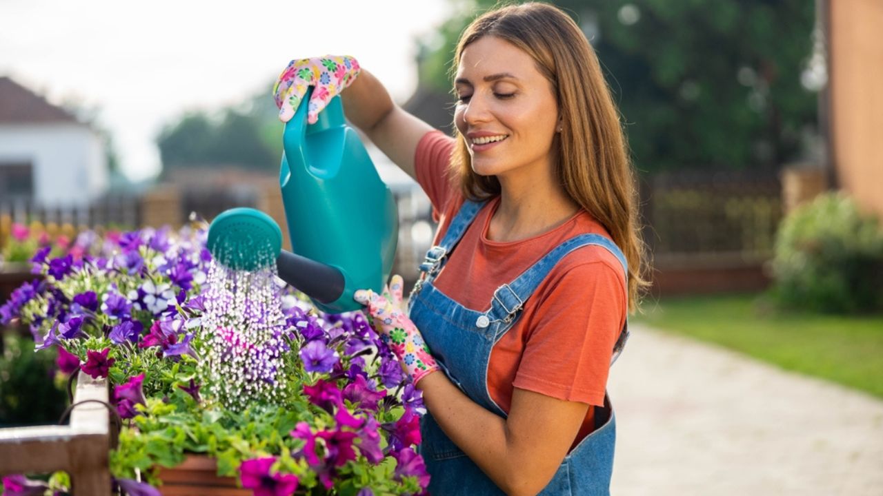 A beautiful woman is watering flowers in a pot on the terrace fence of a family house