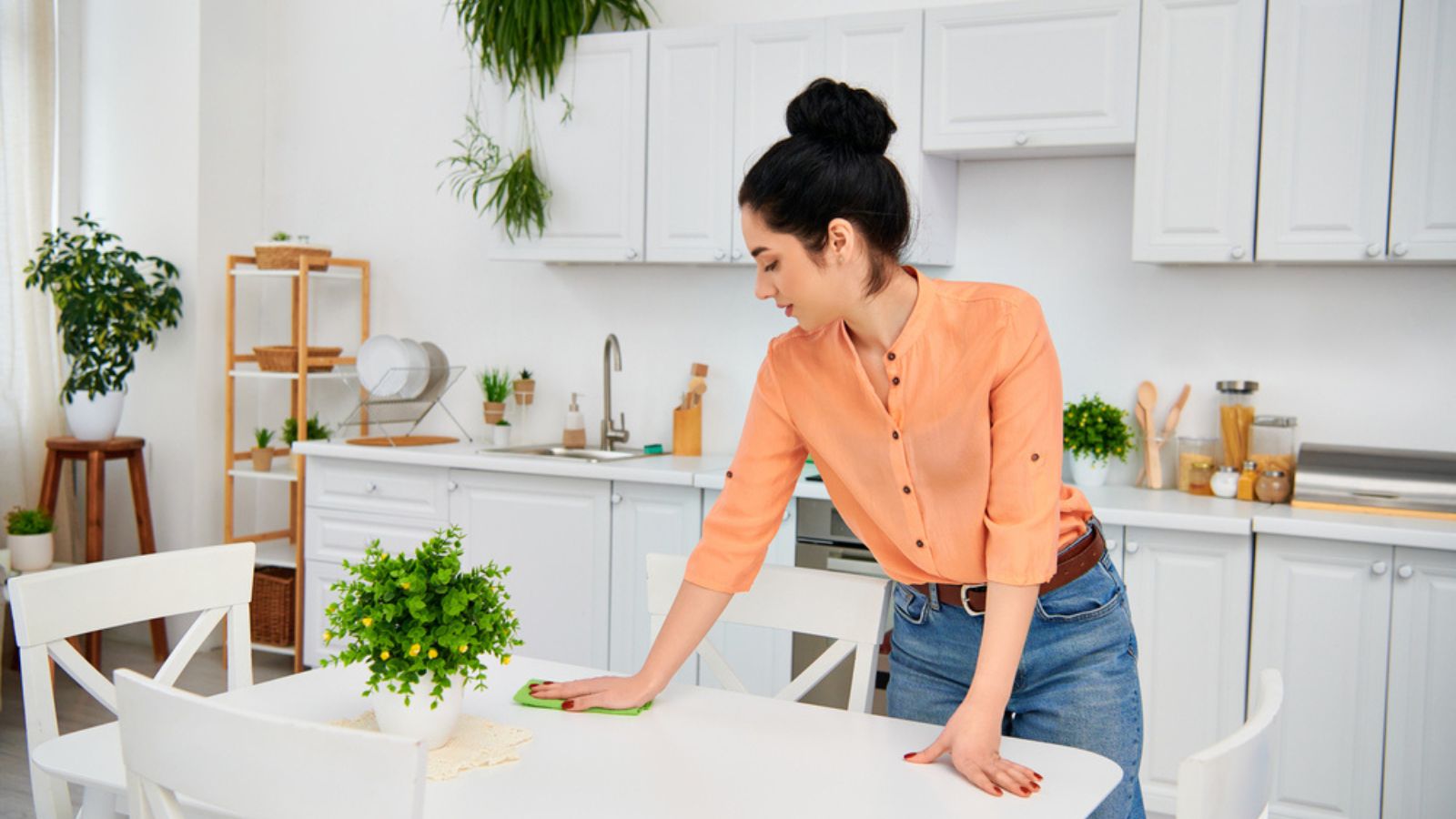 A stylish woman in casual attire meticulously wipes down a table in a home kitchen, creating a gleaming and inviting space