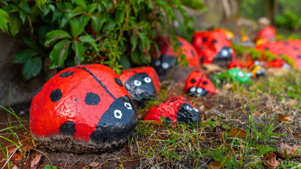 Brightly painted rocks shaped like ladybugs decorate a garden, adding charm and color.