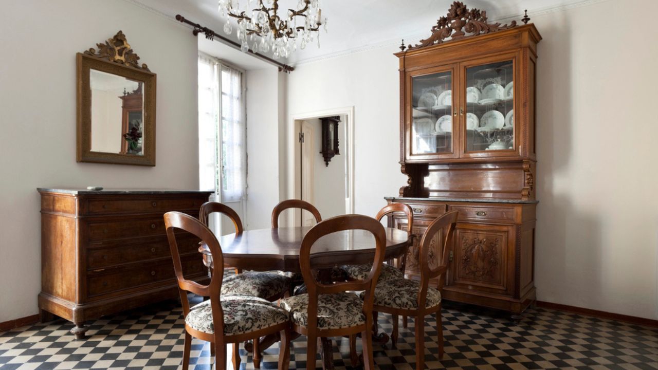 Dining room interior with chessboard floor