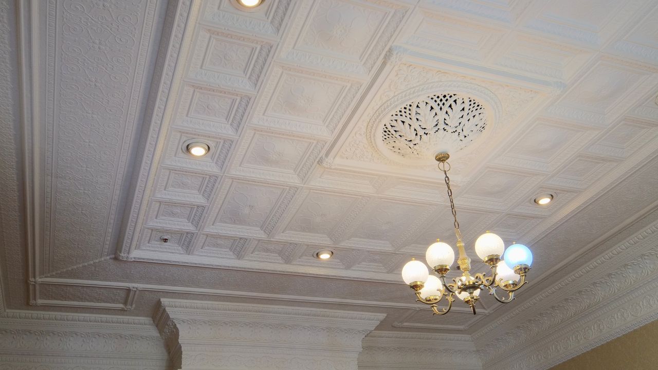 Embossed pressed tin ceiling in Drawing Room of Antrim House; the ceiling was made by the Wunderlich Co. of Sydney in 1905