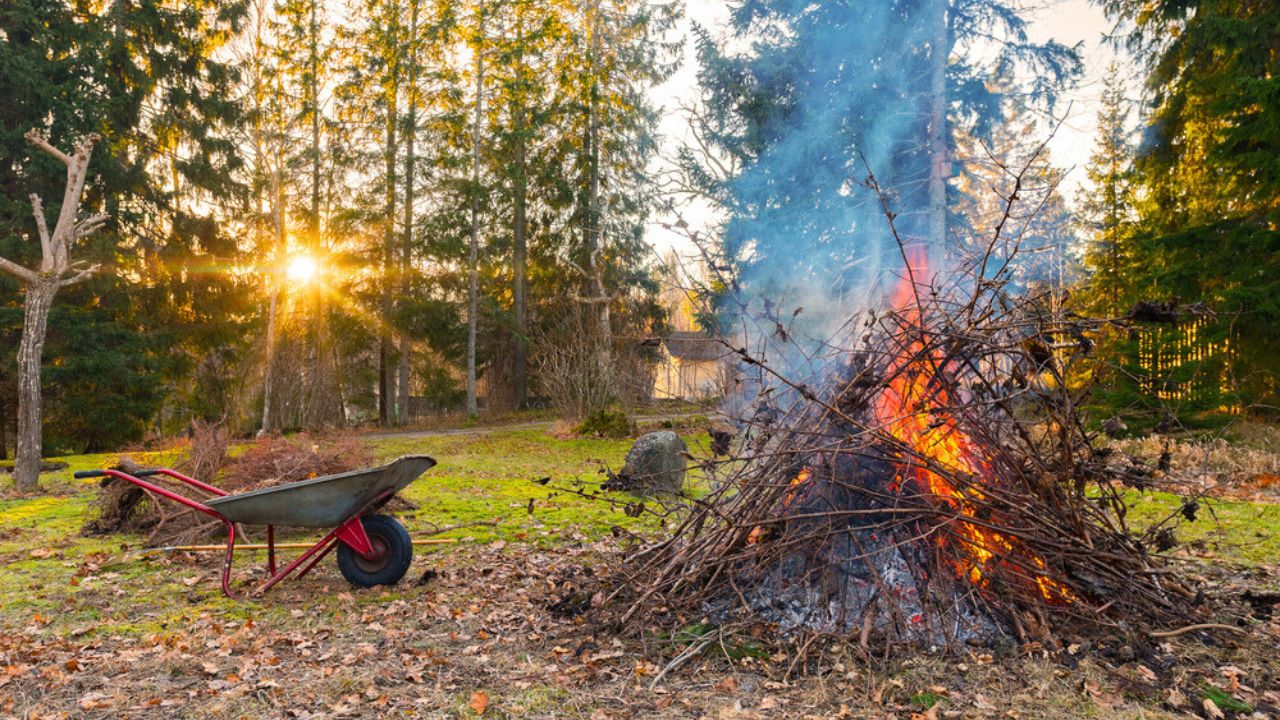 Fire during cleanup of garden with sun setting and an old wheelbarrow. Sweden