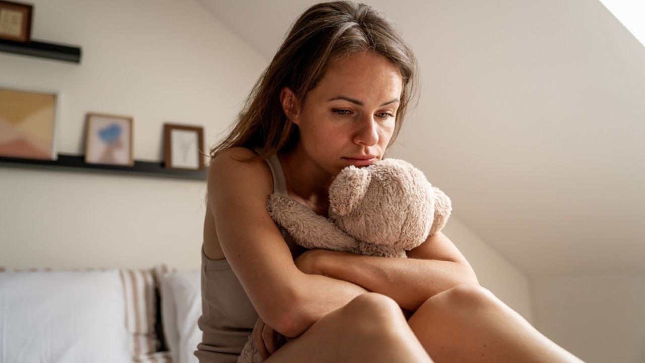 Lonely woman embracing plush teddy bear while sitting on bed indoors