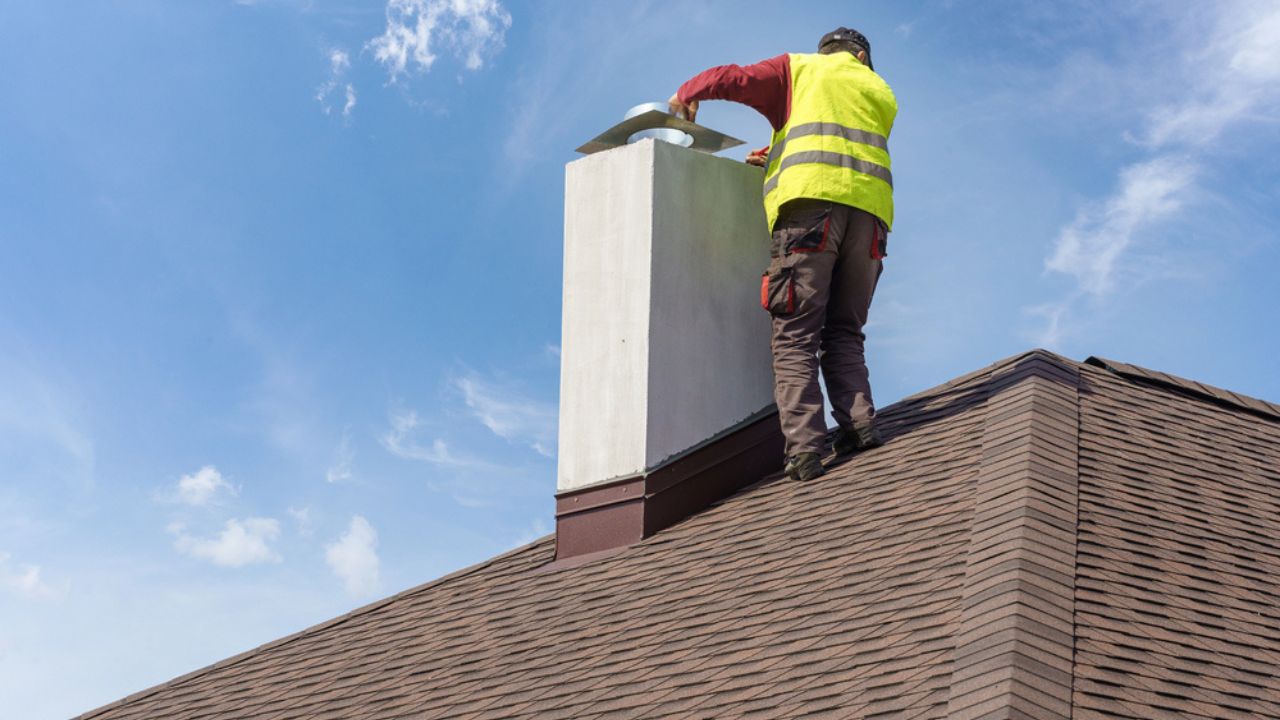 Man install chimney on roof top of new house under construction