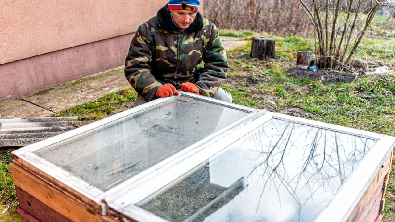 Man sitting working on diy project construction closeup of vegetable winter garden for raised bed cold frame box in Ukraine dacha by farm house