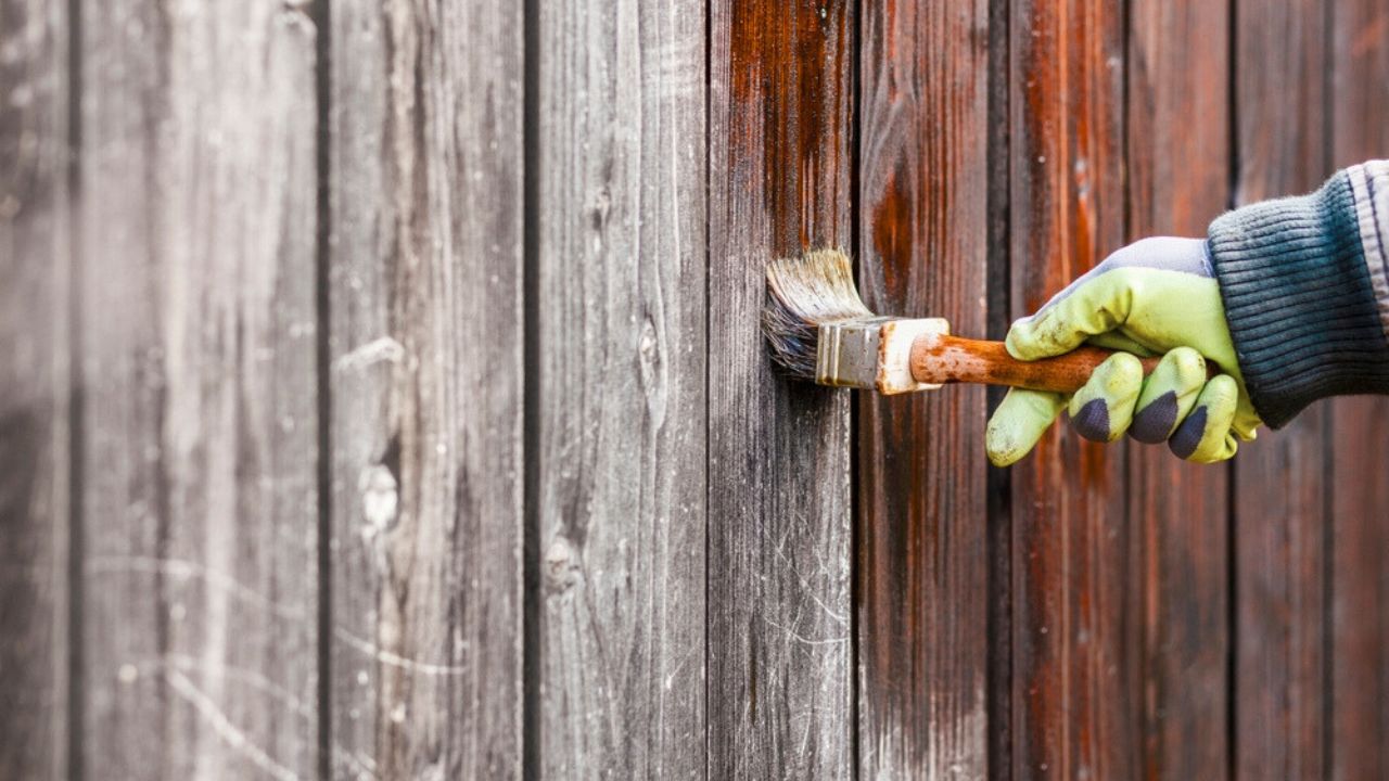 Painting Garden Fence with Motor Oil. Painting Wood Background. Renewal Old Wooden Fence. Recycling Wood Furniture concept.