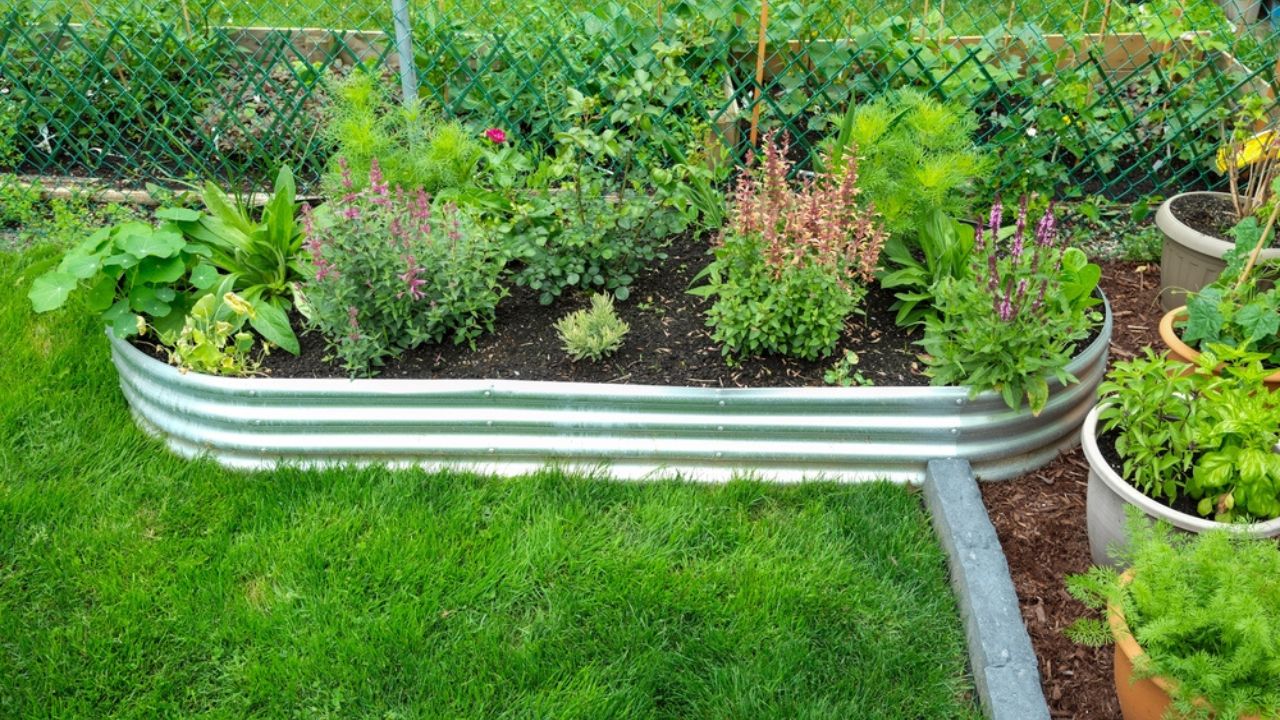 Perfect for tenants, this portable edible garden features a galvanized metal raised garden bed with a mulched area divided by brick edging.