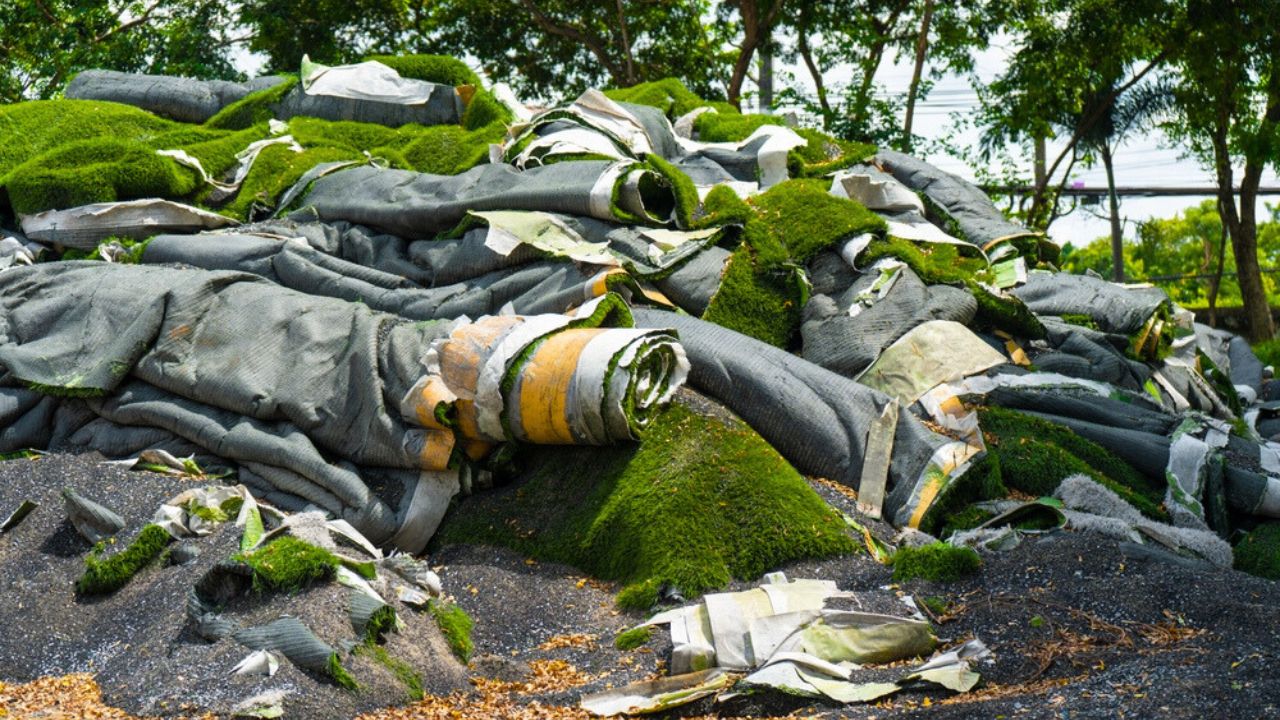 Pile of Artificial grass ,Rolls of synthetic turf removed were awaiting disposal or Recycled