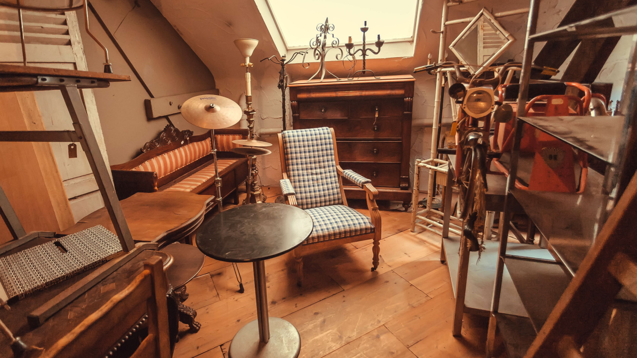 antique furniture chair table shelf in the attic