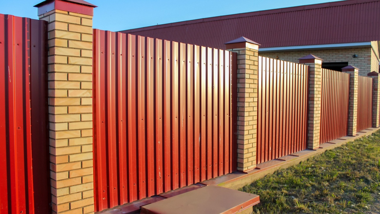 Brick and Metal red Fence with Door and Gate of Modern Style Design Metal Fence Ideas.
