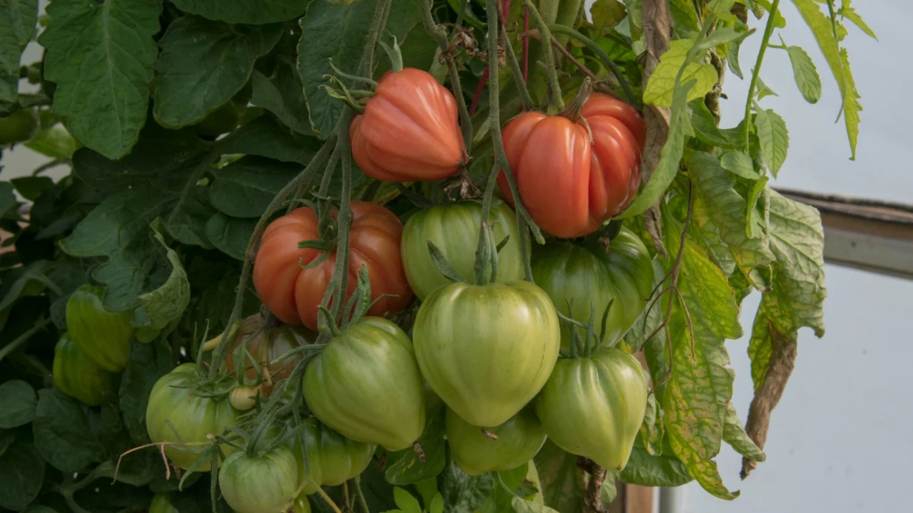 Bunch of Red and Green Home Grown Organic Beefsteak or Cuore di Bue Tomatoes (Solanum lycopersicum) Growing in a Polytunnel on a Vegetable Garden in Rural Devon, England, UK