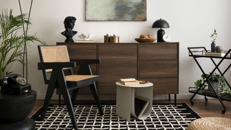 Living room with furniture. Retro Edison light bulbs. Mid century room in home with modern interior design, green velvet sofa, wooden cabinet, mirror
