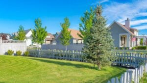 Panorama white clouds White picket fence of a yard with green lawn and pine tree at Daybreak, Utah. There are fenced houses with large yards