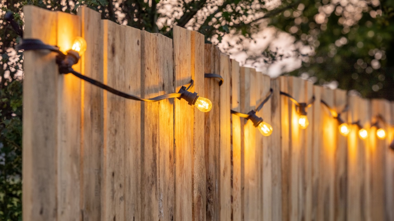 Cosy light bulbs lined up in a row, against a wooden garden fence. There are some green bushes and green grass in the background. It's a sunny Summer day evening at a country wedding or other