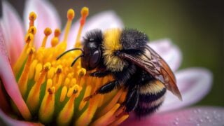 Bumblebee on a flower macro. Bumblebee collects flower nectar