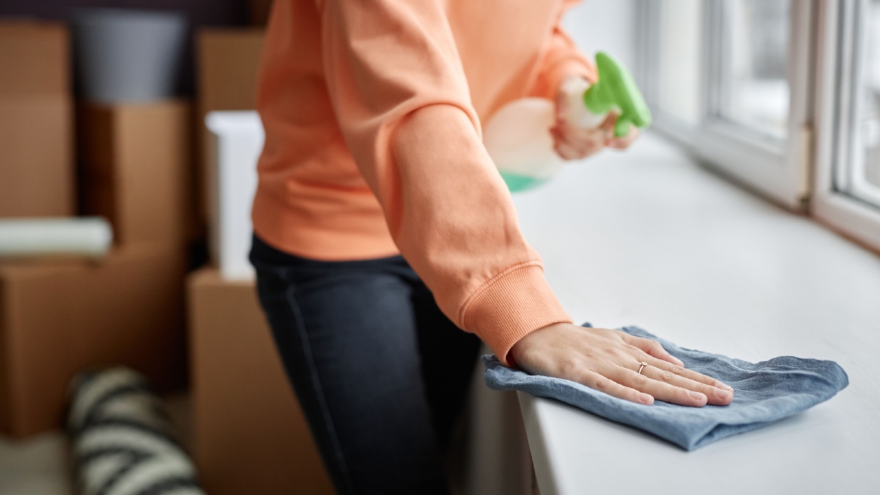 Close-up of young woman wiping dust from windowsill with rag during housework at home
