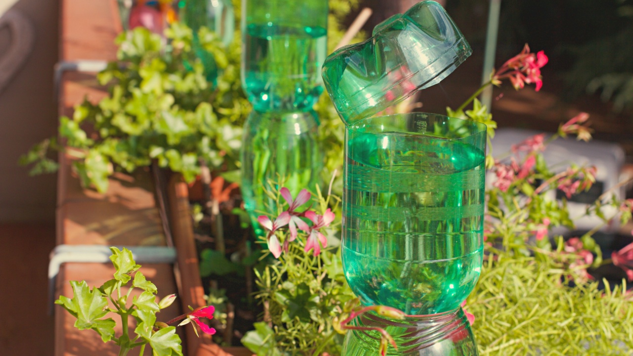 Shot of plastic bottles for watering flowers on the balcony as irrigation system