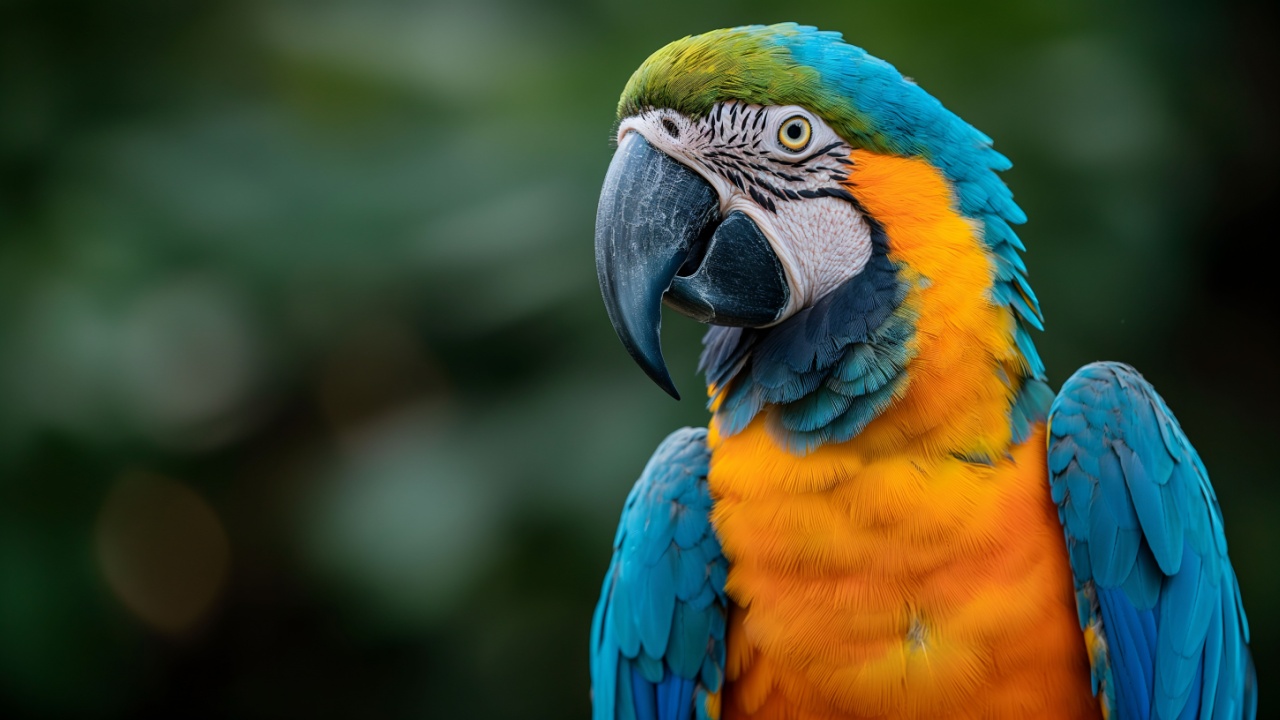 A close-up portrait of a Macaw parrot, focusing on its detailed, colorful feathers and striking eyes. The background is blurred, emphasizing the bird's vivid colors and intricate feather patterns.