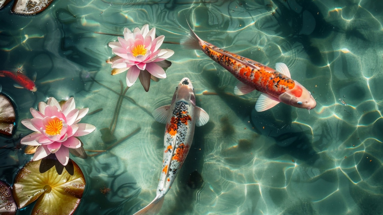 Koi carp seen from above in a clear pond with some water lilies