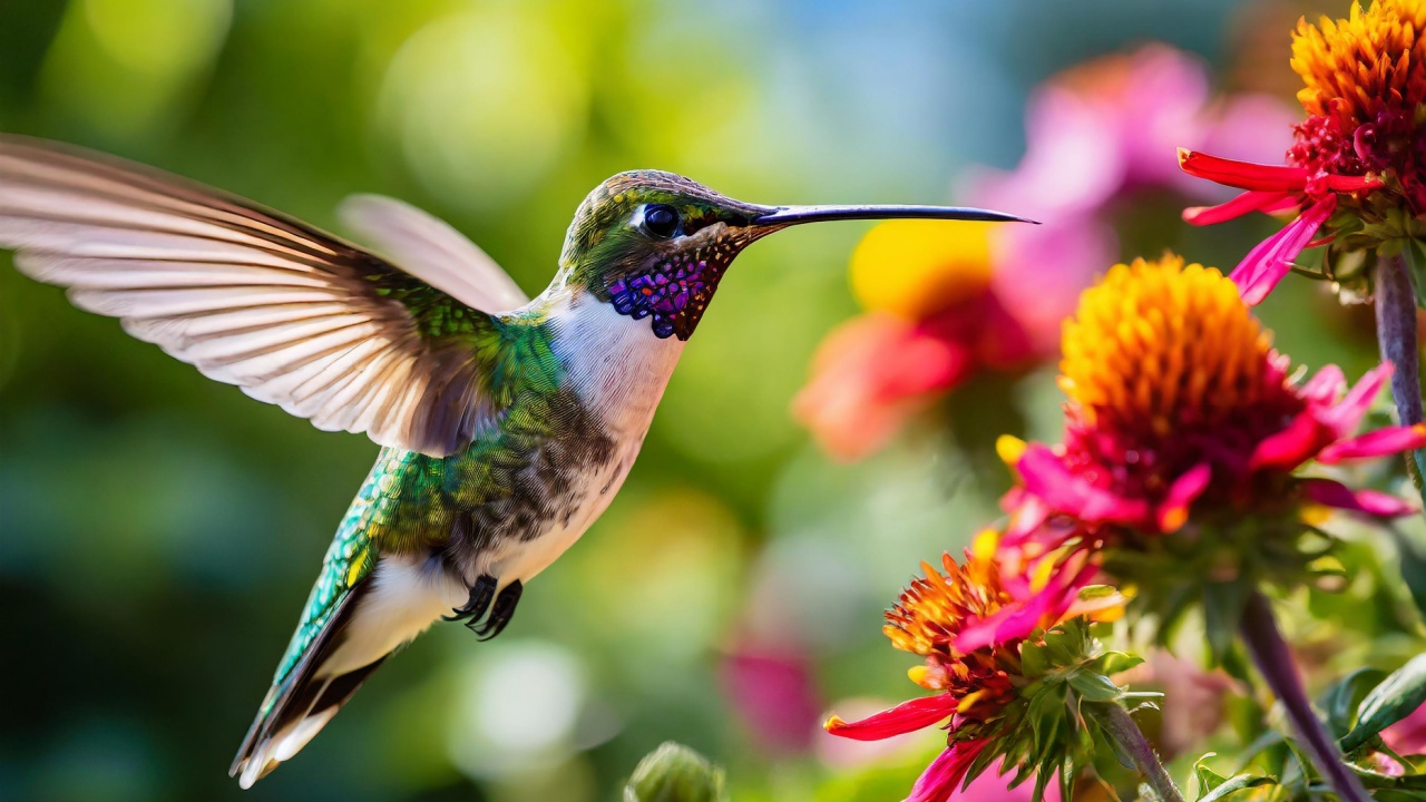 A close-up of a hummingbird hovering by vibrant flowers, wings a blur, capturing a delicate moment.