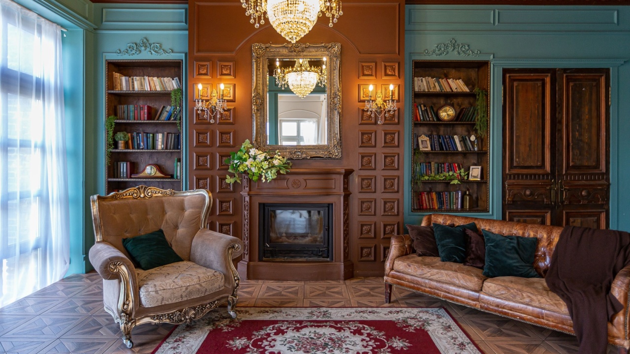 Luxury interior of home library. Sitting room with elegant furniture