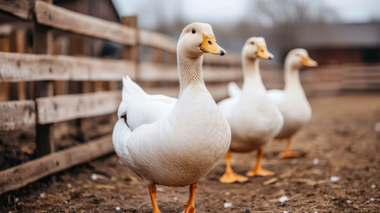 Three white ducks stand on a dirt farmyard near a wooden fence, with blurred buildings in the background.