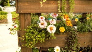 zinnia marigolds garden bench wood pallet