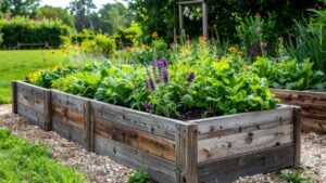A raised garden bed filled with lush green herbs and vibrant purple flowers, all within a rustic wooden planter box. Outdoor setting.