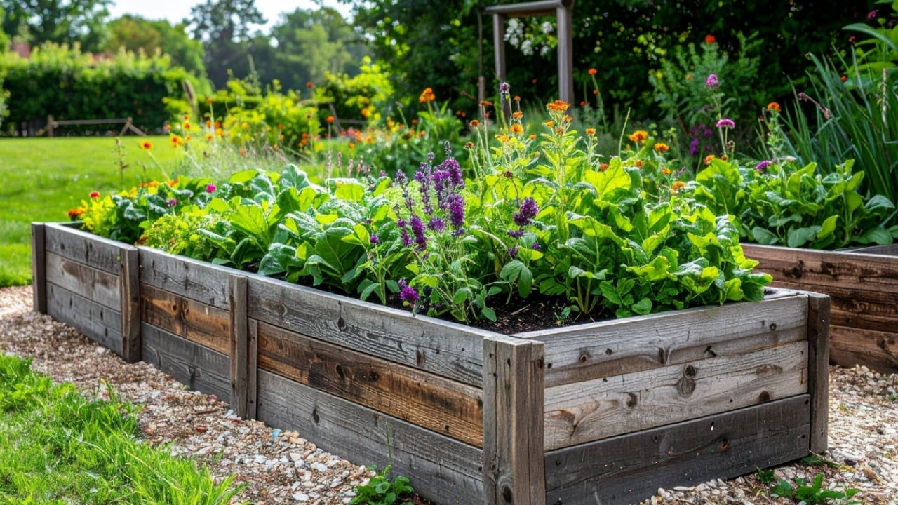 A raised garden bed filled with lush green herbs and vibrant purple flowers, all within a rustic wooden planter box. Outdoor setting.