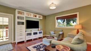 Small cozy living room interior with olive sofa and white storage combination with TV. Northwest, USA
