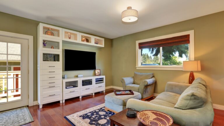 Small cozy living room interior with olive sofa and white storage combination with TV. Northwest, USA