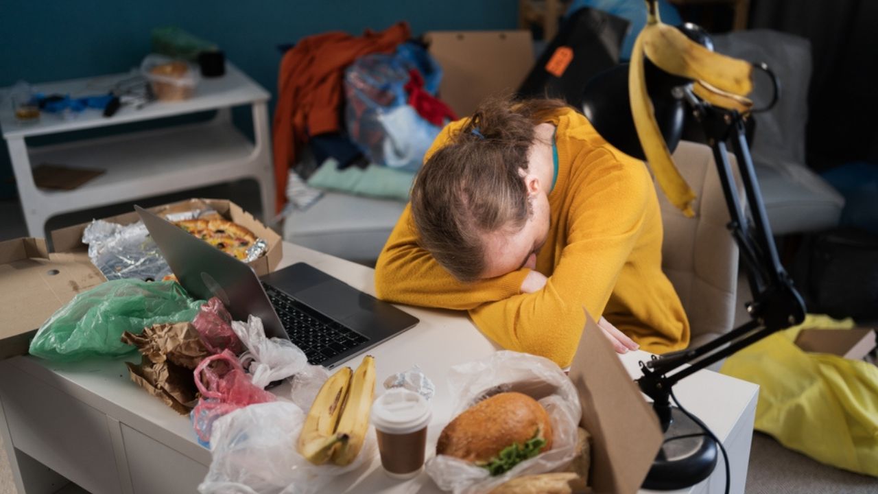Tired student sleeping while preparing for exams in dirty, messy room. Copy space