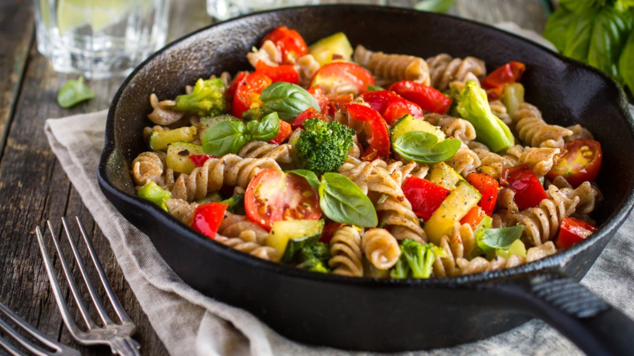 Whole Wheat Fusilli Pasta with Vegetables. With tomatoes, brocolli and zucchini