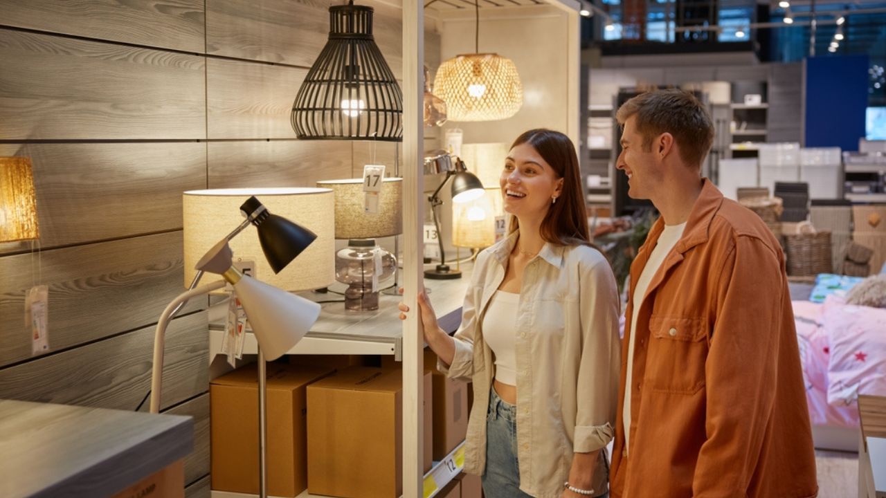 Young family couple choosing chandelier in building shop center