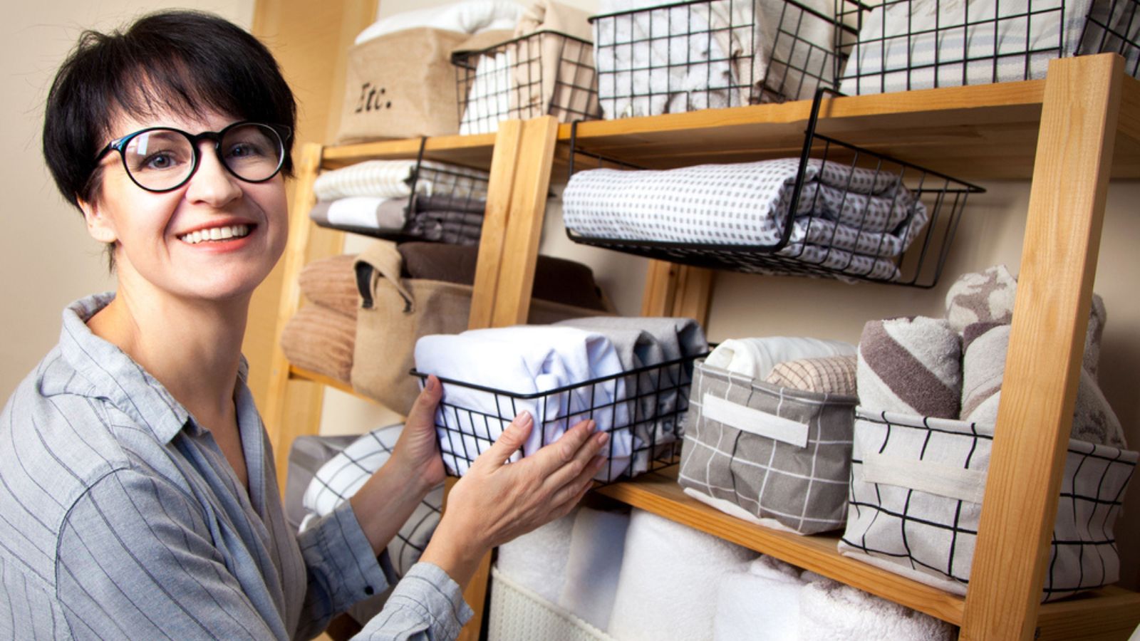 A woman is doing spring cleaning. Folds bedding, blankets, towel with organizers