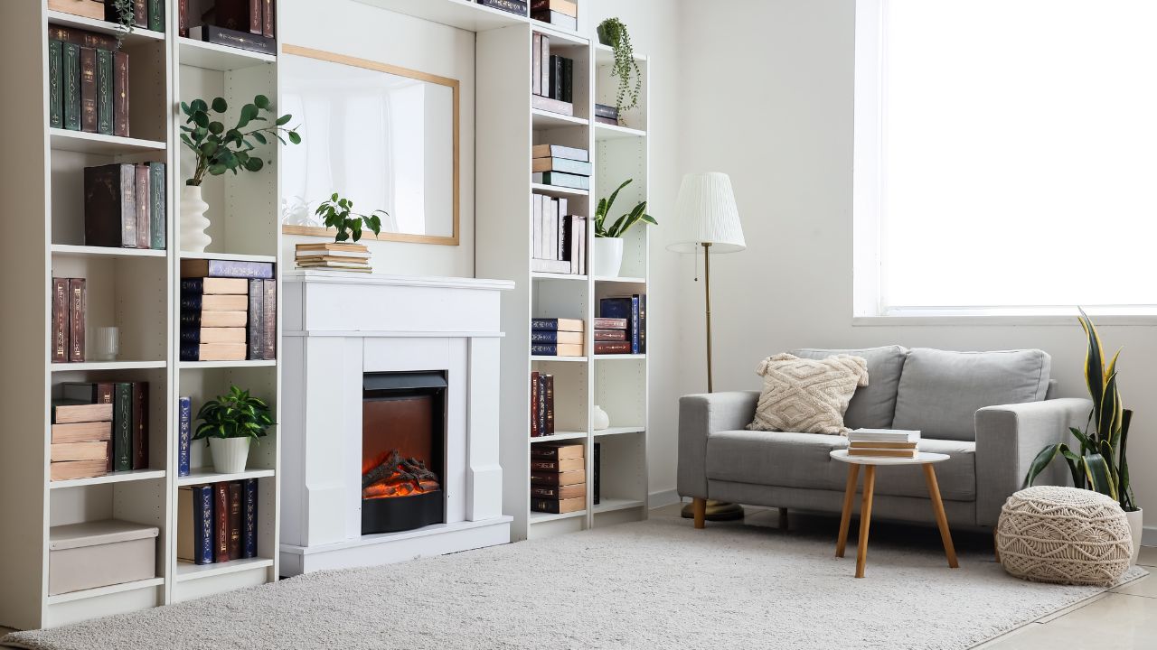 Interior of modern home library with bookshelves, sofa, coffee table and fireplace