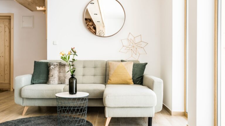 bright living room couch cosy style decor flat wooden light comfortable sofa table interior modern scandinavian