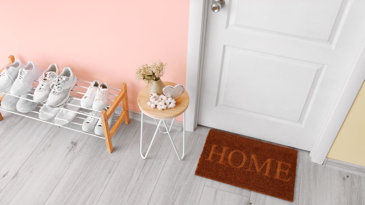 Interior of modern stylish hallway with door mat