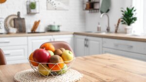 Basket with fresh fruits on table in kitchen, closeup
