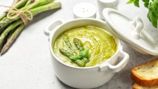 Cream of asparagus soup. Prepared with asparagus, potato, onion and vegetable stock.